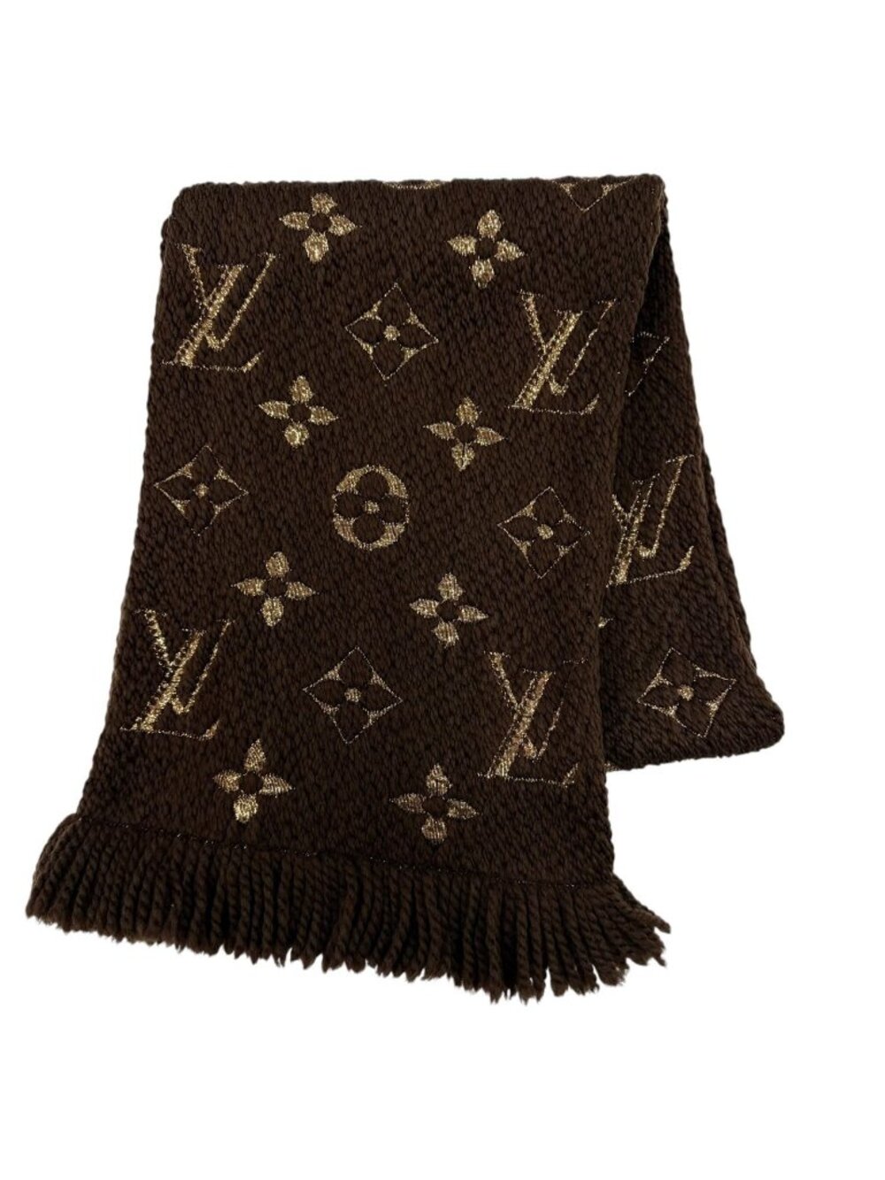 Louis Vuitton Logomania Scarf Shine Wool Silk Brown Monogram
